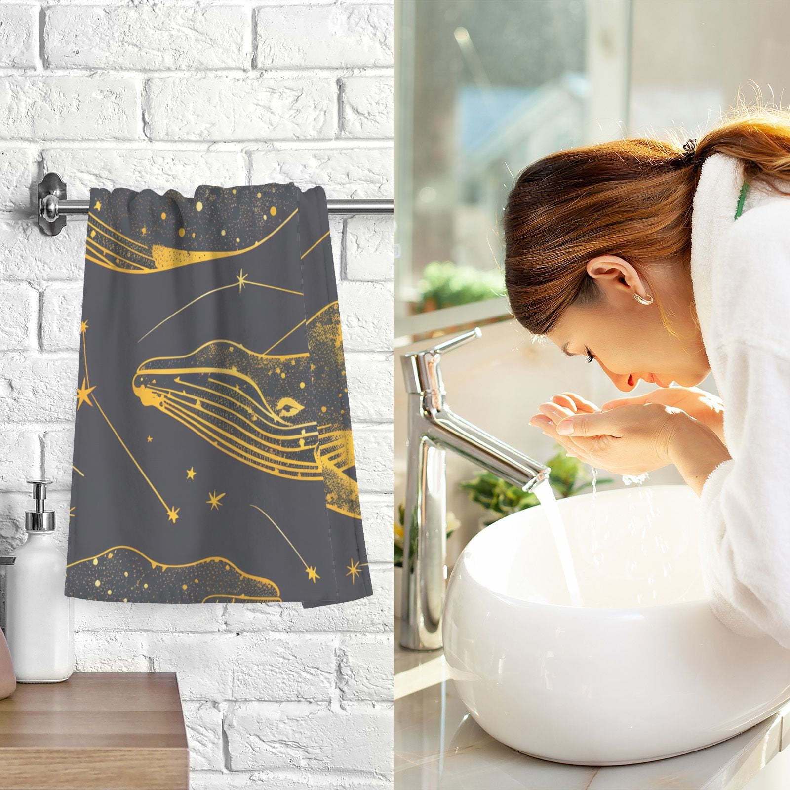 Gold Line Whale Hand Towels Cotton Bath Towels Large Face Towels Absorbent for Bathroom 2 Packs