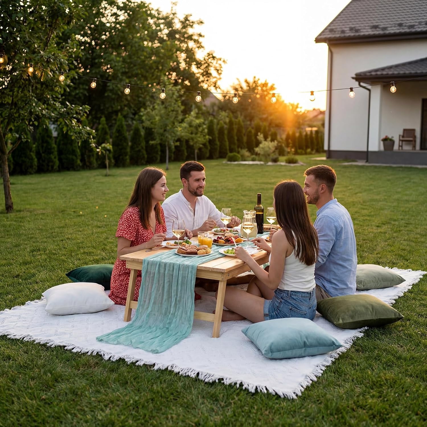 10 Pcs 71''x102'' Extra Large White Outdoor Boho Picnic Blanket with Green Table Runner 8 Throw Pillow Cover Oversized Washable Portable Beach Blanket for Valentine Picnic Camp Lawn Wedding