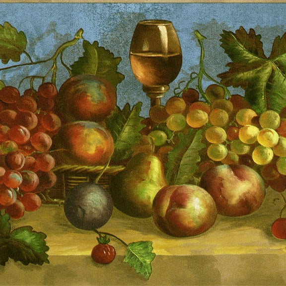 Concord Wallcoverings Wallpaper Border Fruits Grapes Peaches Plums Pears in Baskets Wine, Colors Red Orange Green Beige Blue, 7 Inch by 15 Ft WP30503