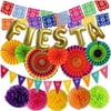 Mexican Fiesta Party Decorations - Cinco De Mayo - 6 Paper Fans, 5 Flowers Pom Poms, 2 Papel Picado, 1 Pennants Garland, Taco Bout Tuesday, Birthday, Engagement Supplies