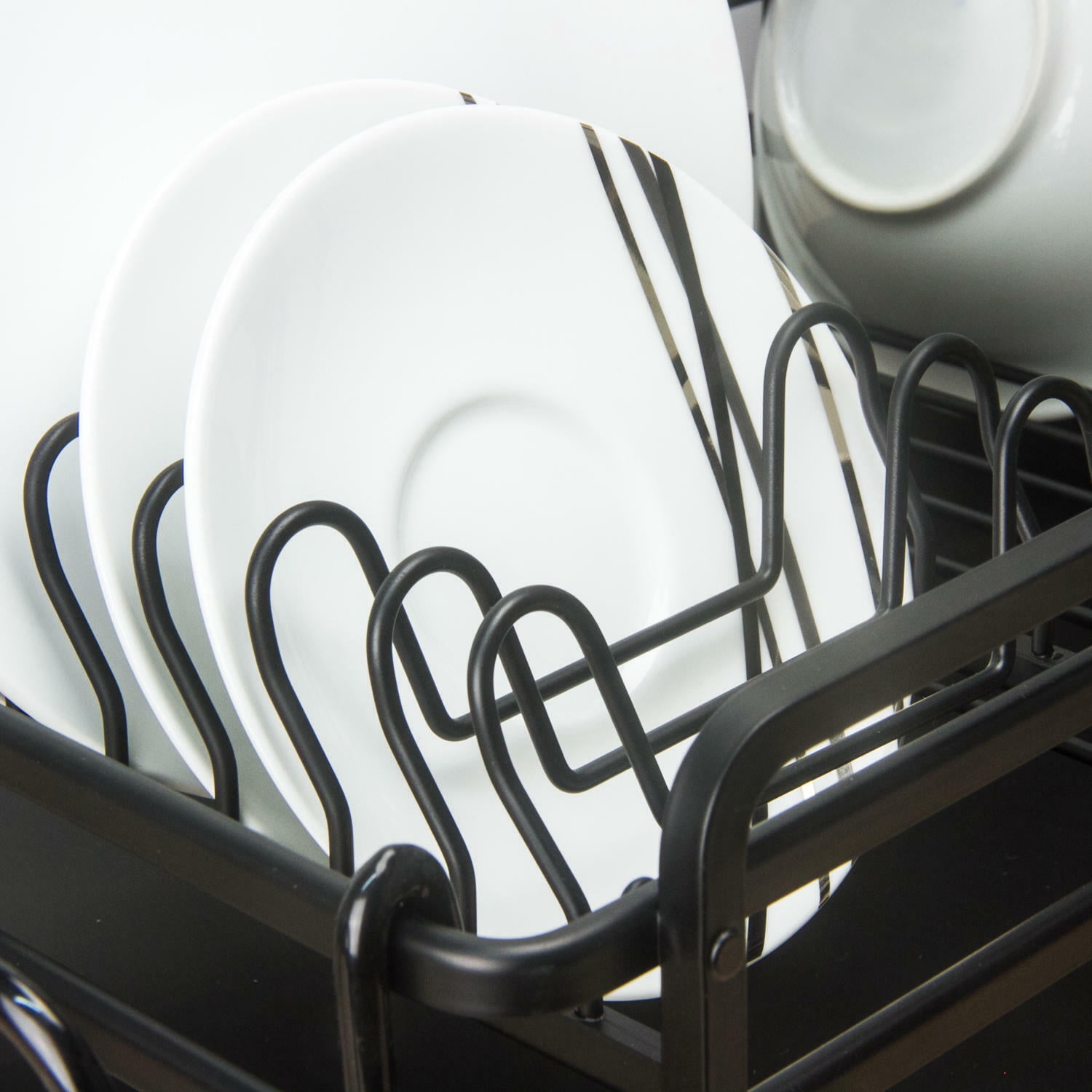 Evelyne GMT-10353-A Black Aluminum Dish Drying Rack with Utensil Holder - 2 Tier Kitchen Countertop Rust Proof Dish Rack and Drainboard Set - Large Dish Organizer Rack
