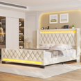 thumbnail image 7 of Greenstell Queen Size Bed Frame with LED Light and Charging Station, Velvet Upholstered Platform Bed Frame with Diamond Tufted Headboard and Wingback,White, 7 of 7