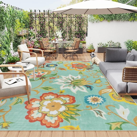 Floral Indoor Outdoor Rug 8' x 10' Non Slip Portable Patio Rug for Deck Balcony Living Room Bedroom