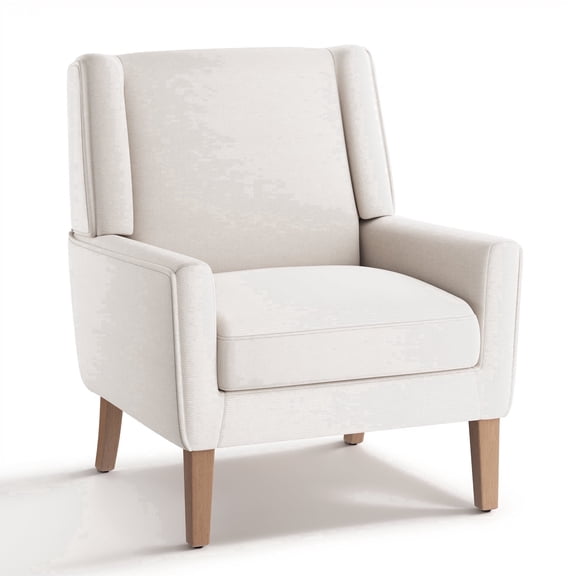 AFO Modern Accent Chair, High Back Upholstered Fabric Armchair with Wood Legs, Mid-Century Wingback Chair for Living Room Bedroom, Beige