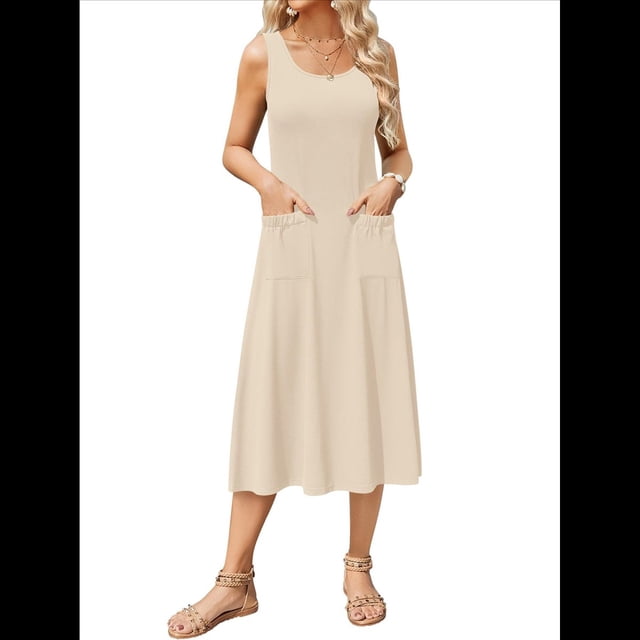Vestido de Verano para Mujer, Sin Mangas, Floral, con Cuello Redondo, Cintura Alta, Corte A, Midi y Bolsillos Albaricoque XXL