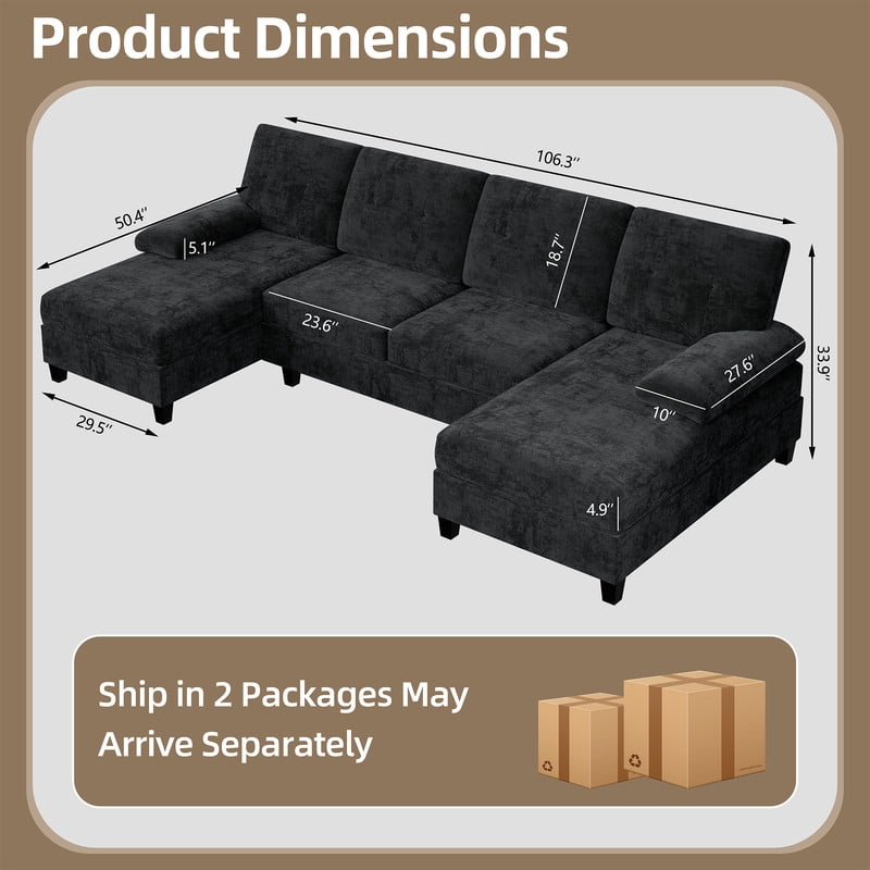 Walsunny Modern U-Shaped Sectional Sleeper Sofa with 4 Deep Seat, Modular Cloud Oversized Sofa Couch with Chenille Fabric & Double Chaise for Apartment, Black