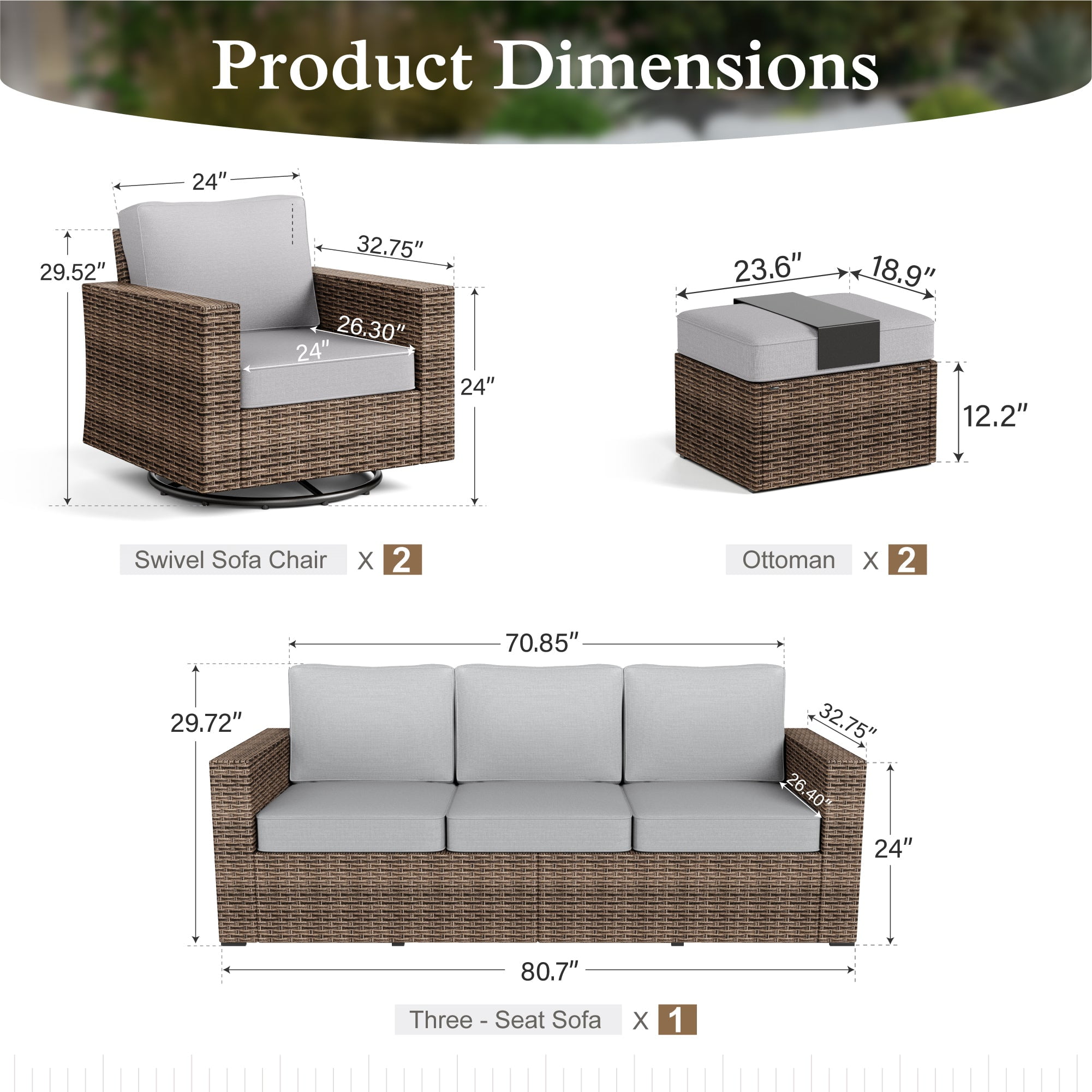 Sophia & William 5 Pieces Patio Furniture Set with Swivel Chairs 5.5" Thick Cushions 7-Seat Wicker Outdoor Conversation Set