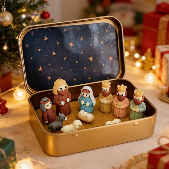 Mini Easter Nativity Set in Tin Box – Handcrafted Religious Figures for Home, Office, or Tabletop Display