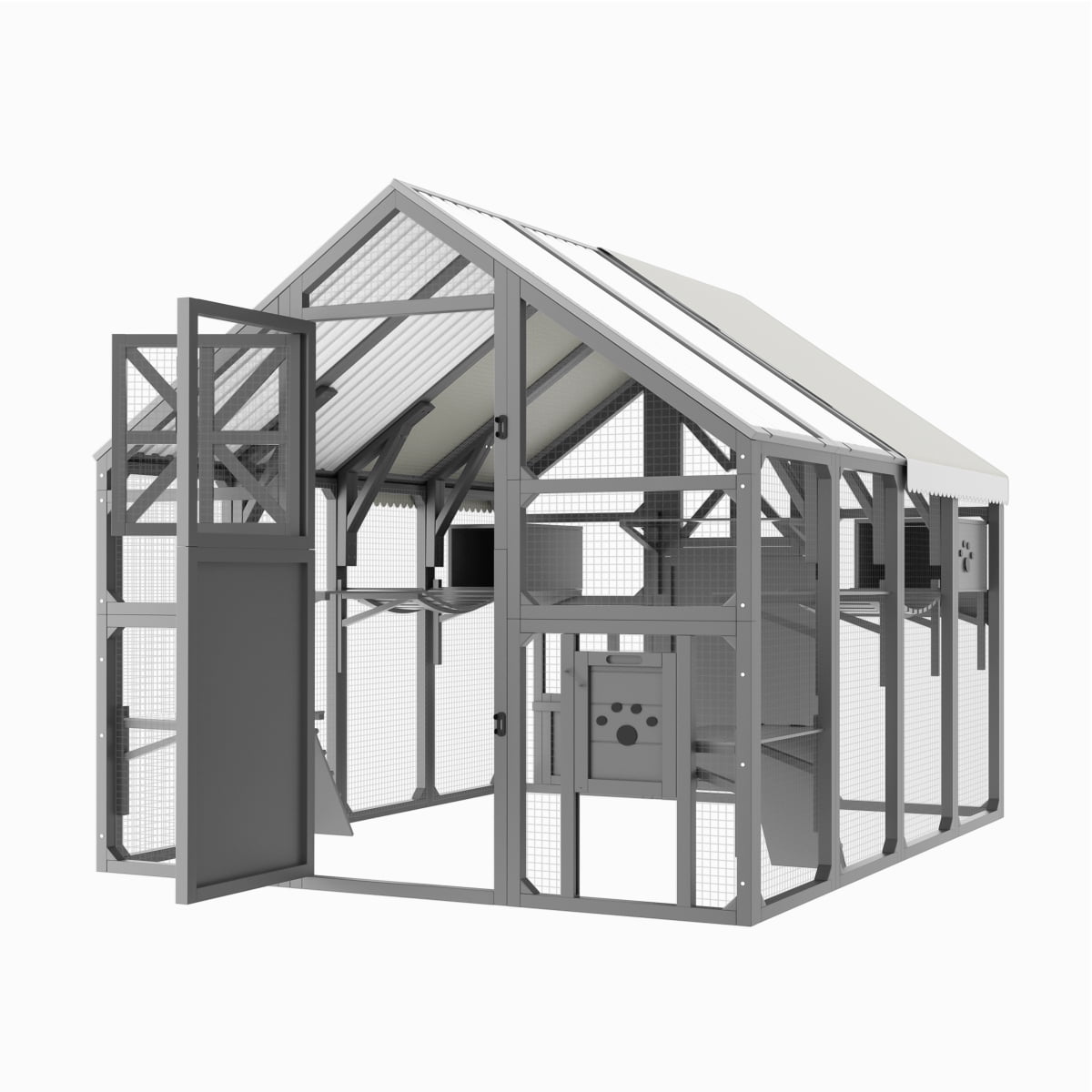 LuckyNote Extra Large Catio Outdoor Cat Enclosure, Walk-in Outdoor Pet House for Multiple Cats with Bridges, PVC Roof, 8 Platforms & 2 Resting Boxes, Grey
