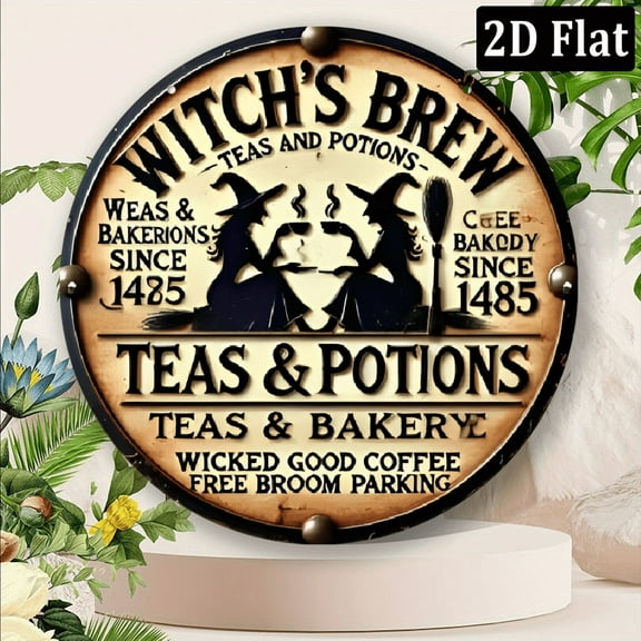 Vintage Witch's Brew Metal Wall Art Round Aluminum Sign for Kitchen, Garden, Cafe, Bar Decor - Durable Indoor_Outdoor Plaque with Enchanting Tea & Potion Design, Vintage Home Decor 8*8inch