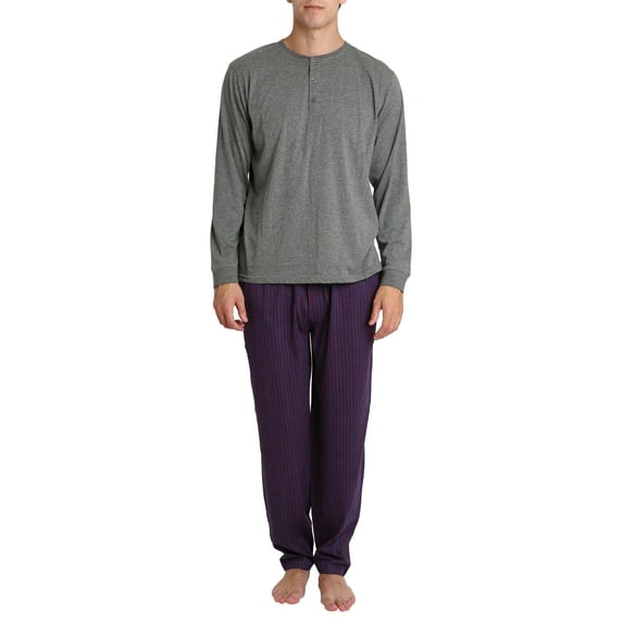 Adult Mens Knit Long Sleeve Pajama Jammies Shirt and Big and Tall Pant Set Charcoal Grey and Burgundy and Navy Stripe XL
