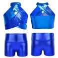 thumbnail image 3 of TiaoBug Kids Girls Cheerleading Outfits Shiny Sequin Sleeveless Crop Top and Metallic Shorts Set Dancewear Royal Blue 6, 3 of 6
