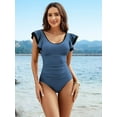 thumbnail image 4 of Charmo Women's Ruffled Shoulder One Piece Swimsuit Tummy Control Monkini Swimwear Color Blocked Bath Suit, 4 of 8