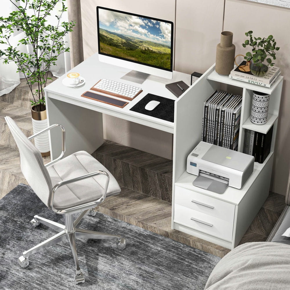 Demi Bonn Computer Desk Home Office with Bookshelf and Drawers, Small Home Office Desk Study Writing Table, White