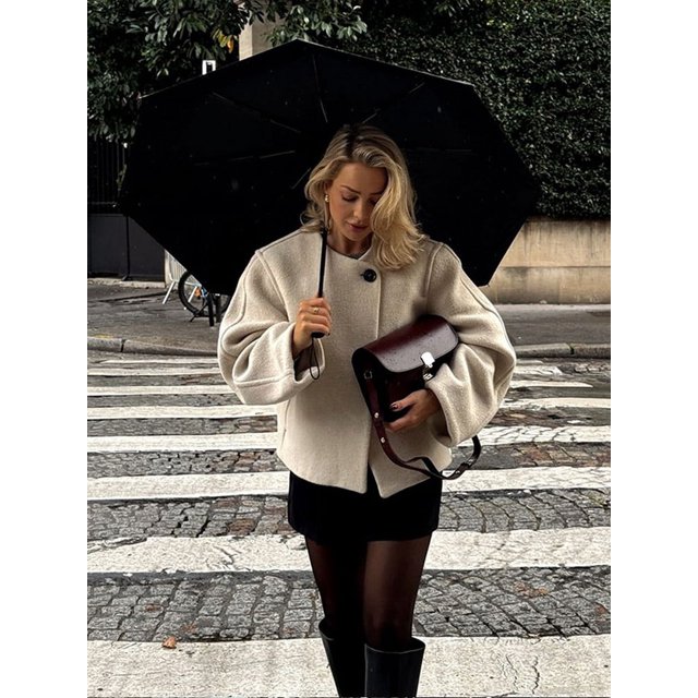 Abrigos de lana elegantes con un botón y cuello redondo para mujer, chaquetas recortadas de manga larga a la moda de gran tamaño, prendas de vestir exteriores de calle para mujer 2024