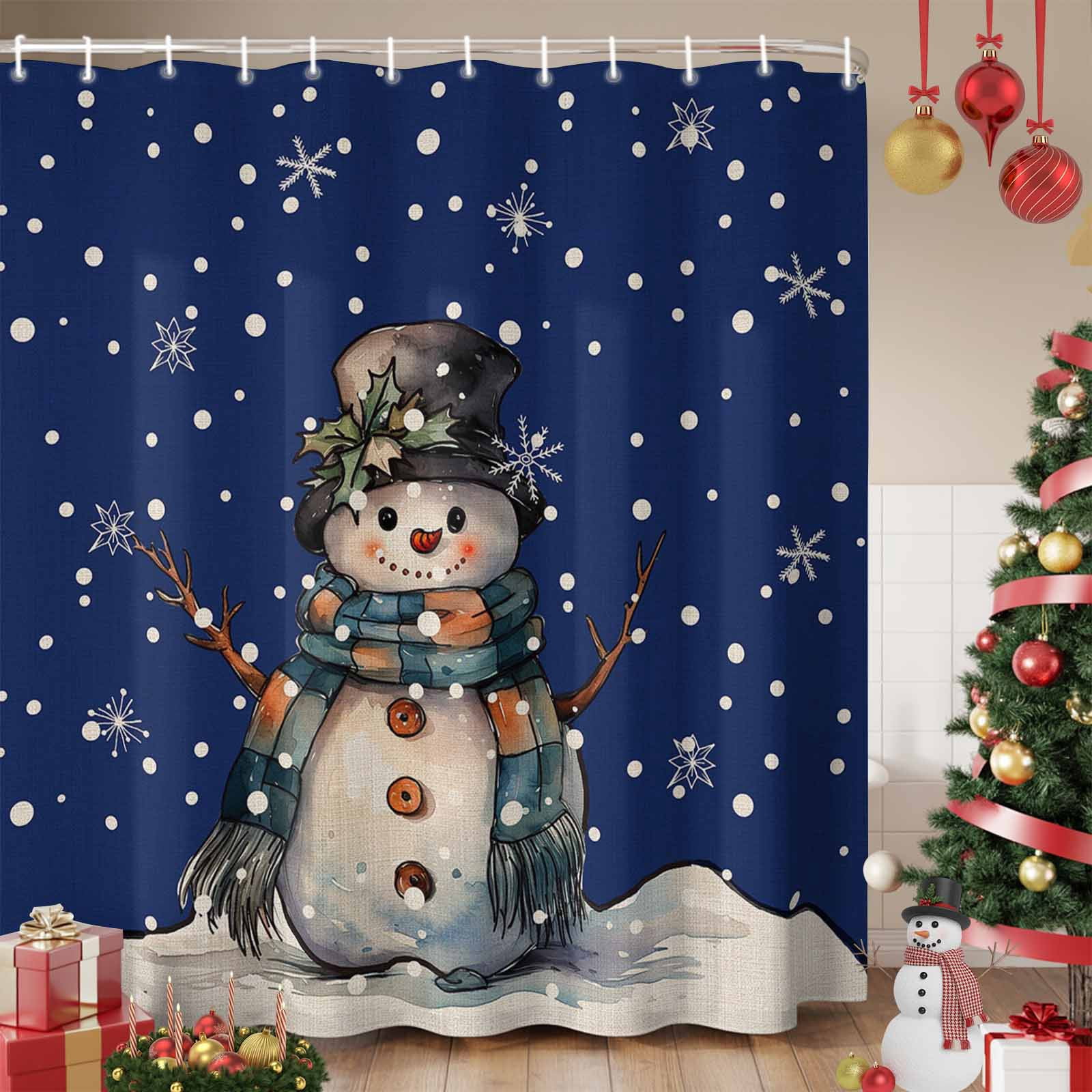 Shower Curtain Bathroom Set Merry Christmas Snowman Winter Snow Waterproof Fabric Shower Curtains with Grommets&Hooks Vintage Linen Navy Blue Privacy Bath Curtain for Bathtub 72x72in