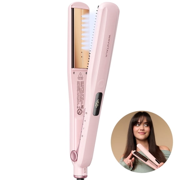 Wavytalk Steam Hair Straightener, 1.38'' Nano Titanium Flat Iron with Detachable Comb for Silk Press Smoothing, Pink