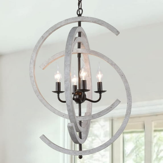 TOMIYA White Wood French Country Chandelier Farmhouse Dining Room, Handmade 4-Light Pendant Light for Foyer Bedroom Living Room Kitchen Island Entryway