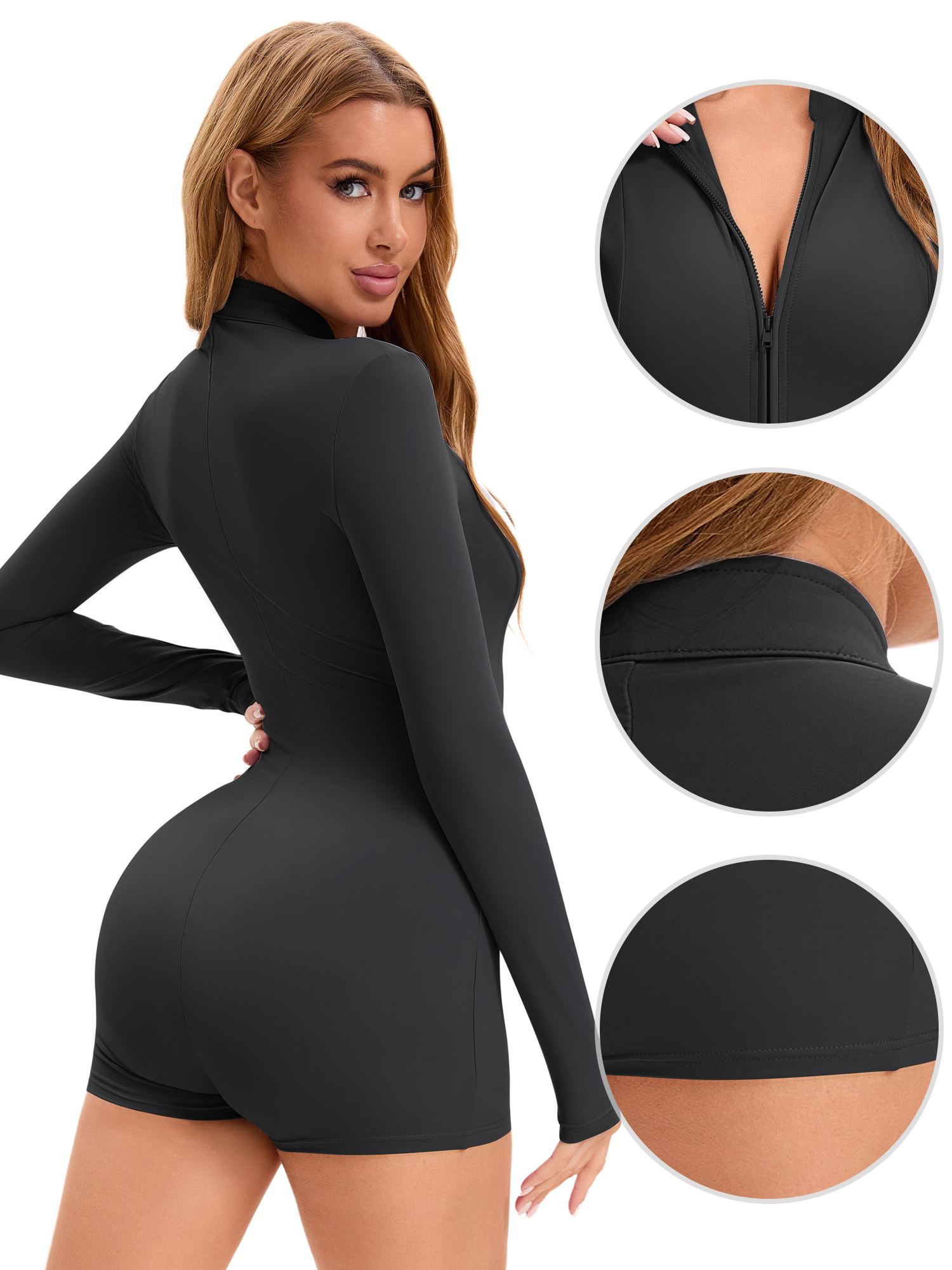 DARING DIVA Front Zip Bodysuit Turtleneck Shapewear Leotard XL Black