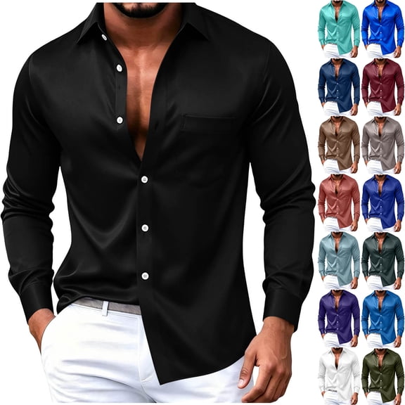 Jovrlynd Black Dress Shirts for Men Button Down Long Sleeve Satin Fitted Plus Size Soft Stretch Shirts for Formal Wedding L