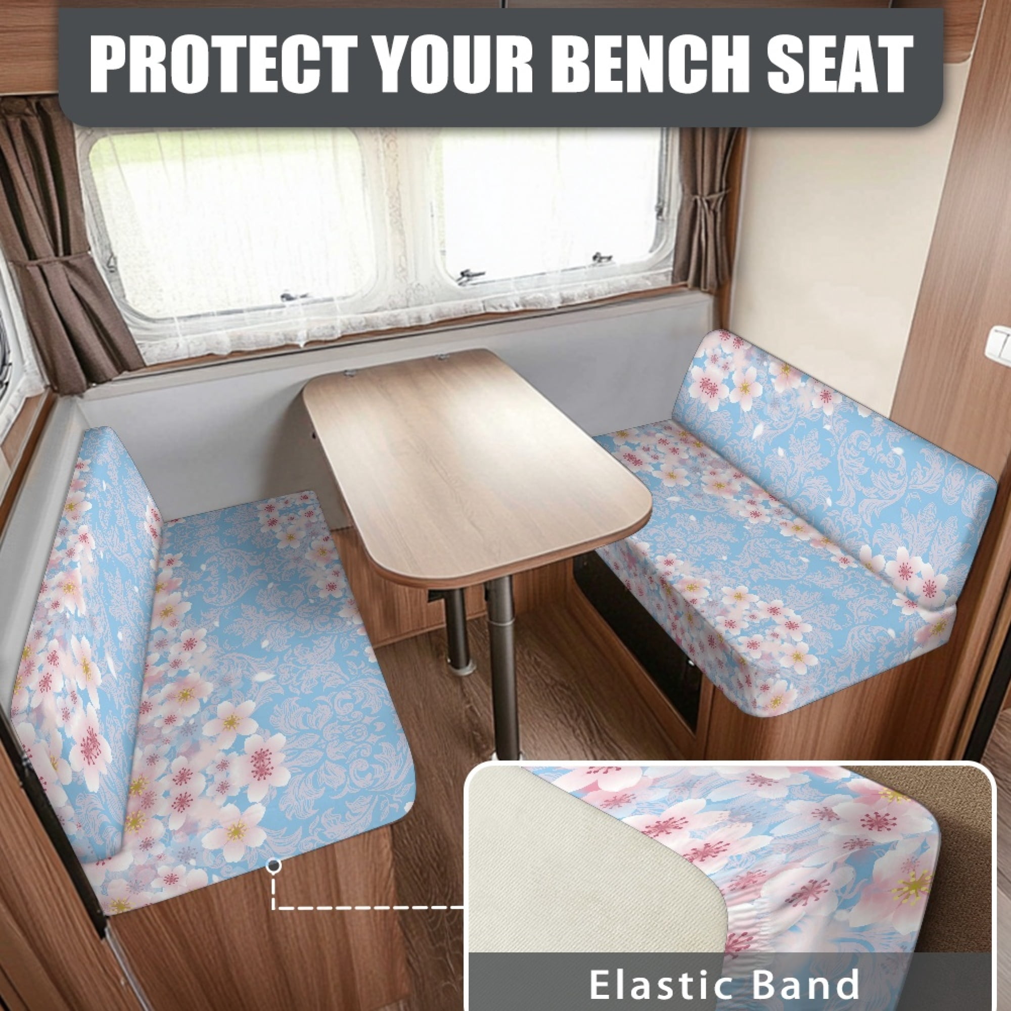 Yuyamidu Cherry Blossom RV Dinette Cushion Covers 2 PCS Stretch Camper Cushion Slipcover Include 1 Bench Cover 1 Backrest Cover Blue RV Accessories Decoration