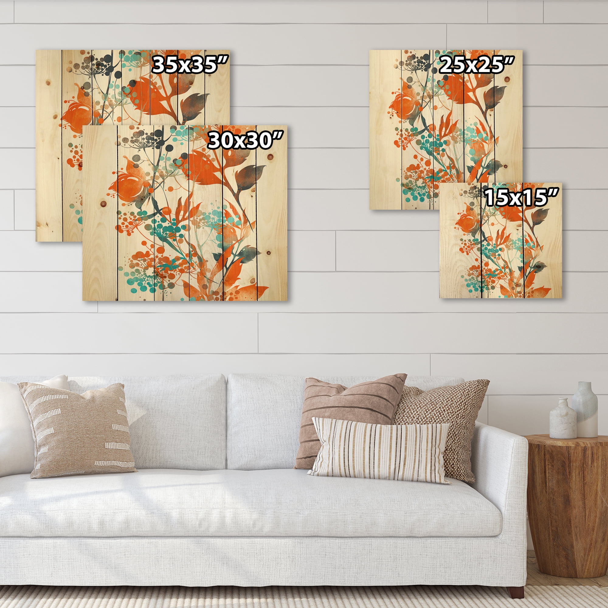 Designart 'Orange and Green Wildflowers III' Modern Print on Natural Pine Wood