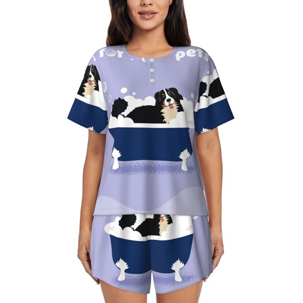 Fotbe Bernese Mountain Dog Sitting Bath Tub Conjunto de Pijama Estampado para Mujer, 2 Piezas, Ropa de Dormir con Camiseta de Manga Corta y Shorts Suaves-3X-Large
