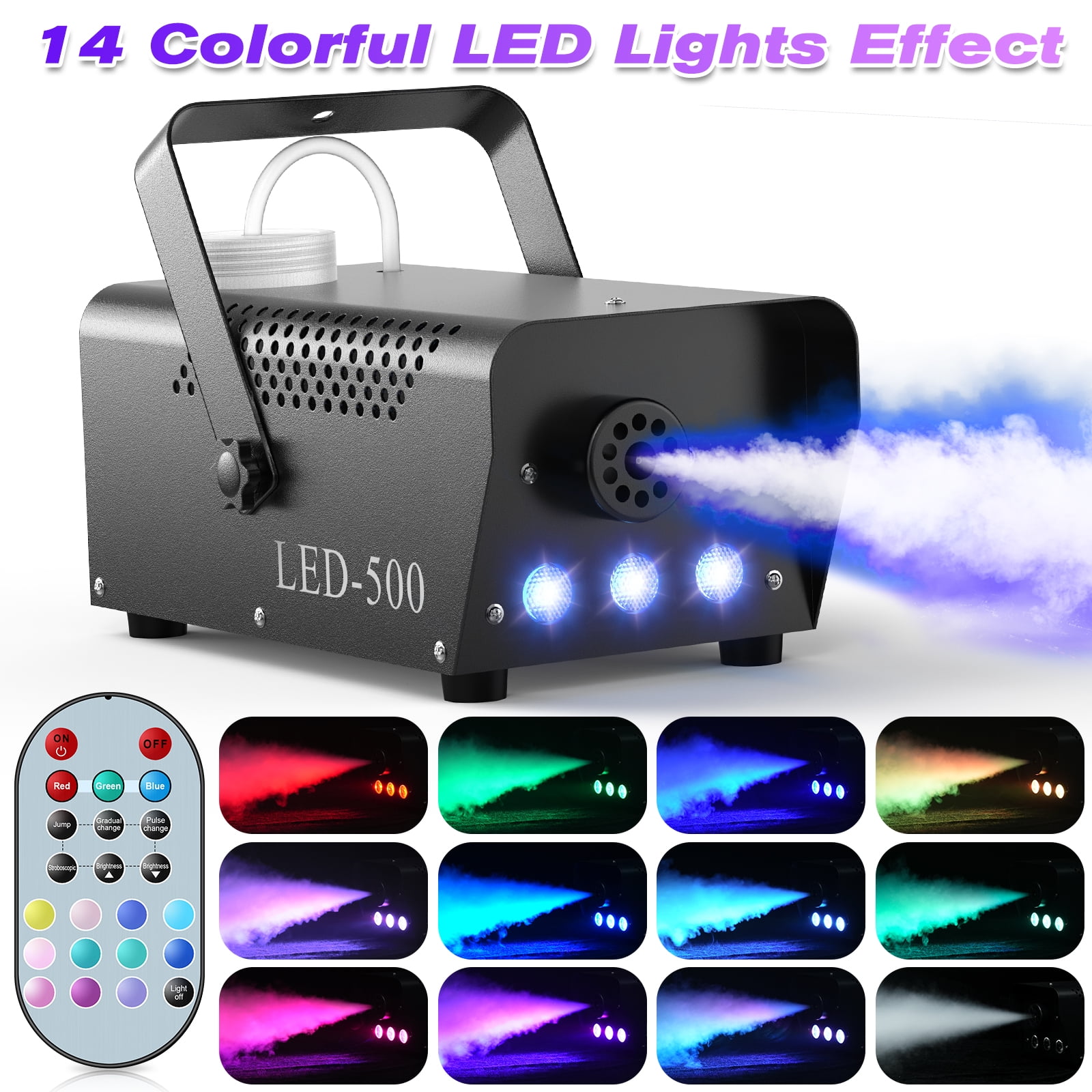 Fog Machine, 500W Fog Smoke Machine with 3 LED Lights for Wedding Halloween Christmas Party Stage Effect