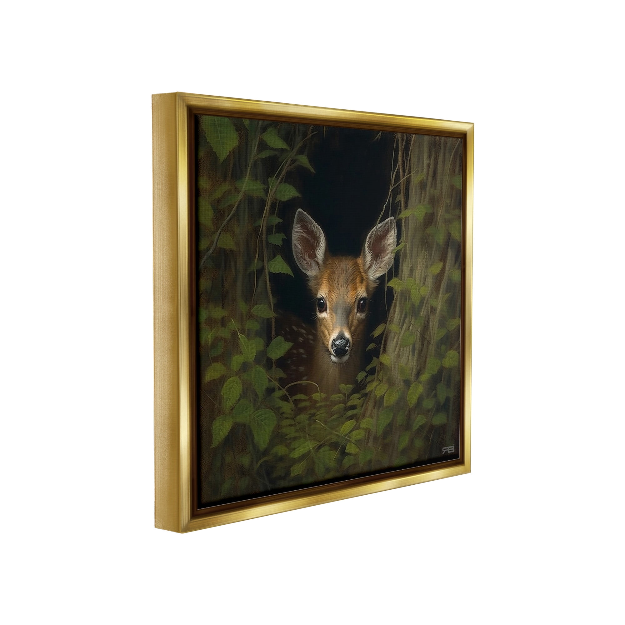 Stupell Industries Fawn Peeking from Trees Animals & Insects Painting Gold Floater Framed Canvas Art Print Wall Art, 18 x 18
