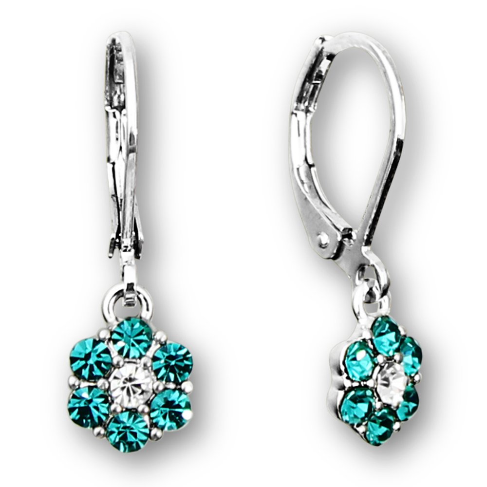Annie & Belle Girls Crystal Flower Hoop Earrings For Kids Rhodium Plated Leverback Earrings