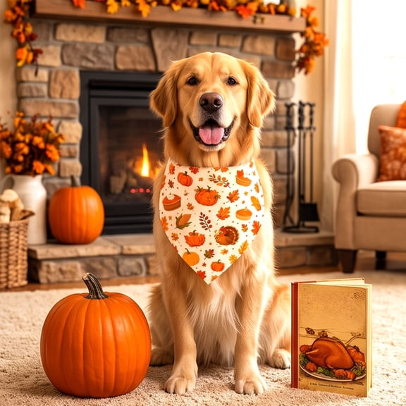 Sruoe Thanksgiving Dog Bandana, White Pumpkin Turkey Maple Leaf Pie Print Triangle Pet Scarf, Tied Adjustable Dog Bandanas for Small Medium Large Dogs Cats, Autumn Holiday Pet Costume Accessory