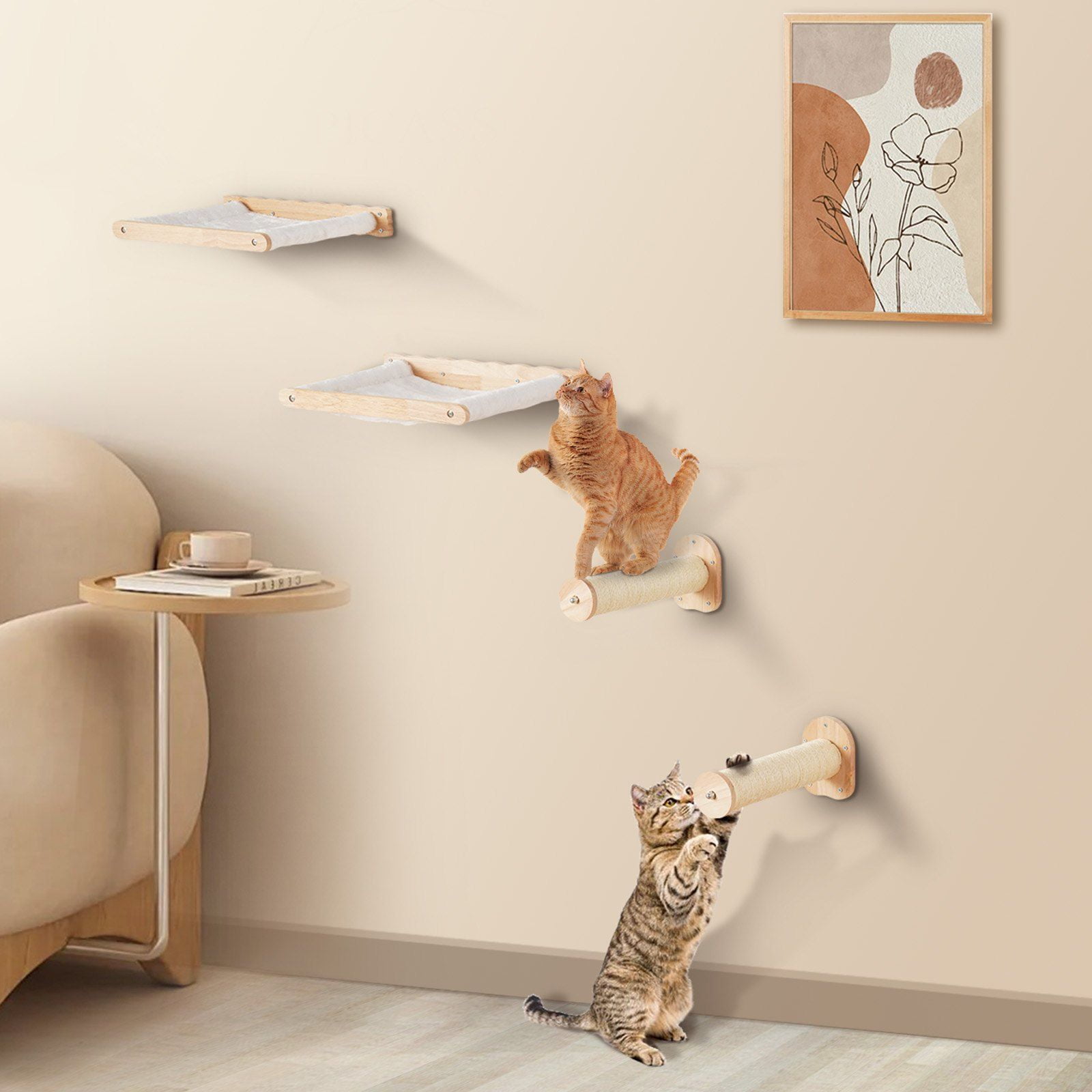 Wall-Mounted Cat Shelves Set - 2 Jumping Posts & 2 Hammocks, Supports 40 lbs, Space-Saving Perch for Cats
