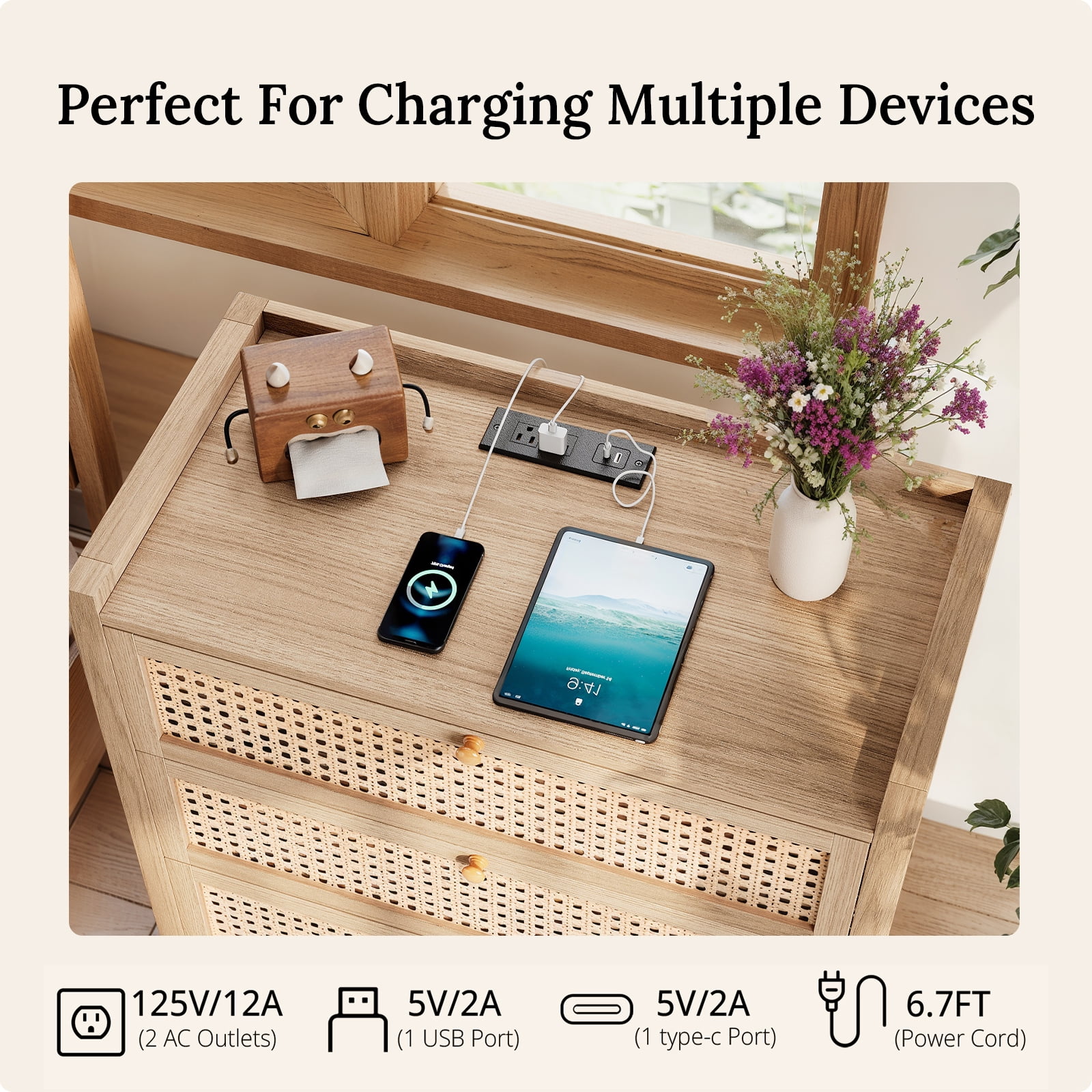 LGHM 29.5"W Nightstand Set of 2 with 3 Drawers & Charging Station, Dresser for Bedroom, Farmhouse Rattan Bedside Table Night Stands, Boho Side Tables, Oak