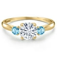 thumbnail image 3 of Gem Stone King 10K Yellow Gold White Moissanite and Swiss Blue Topaz 3-Stone Ring for Women | 1.10 Cttw | Round 6MM | Gemstone Birthstone | Size 6, 3 of 6