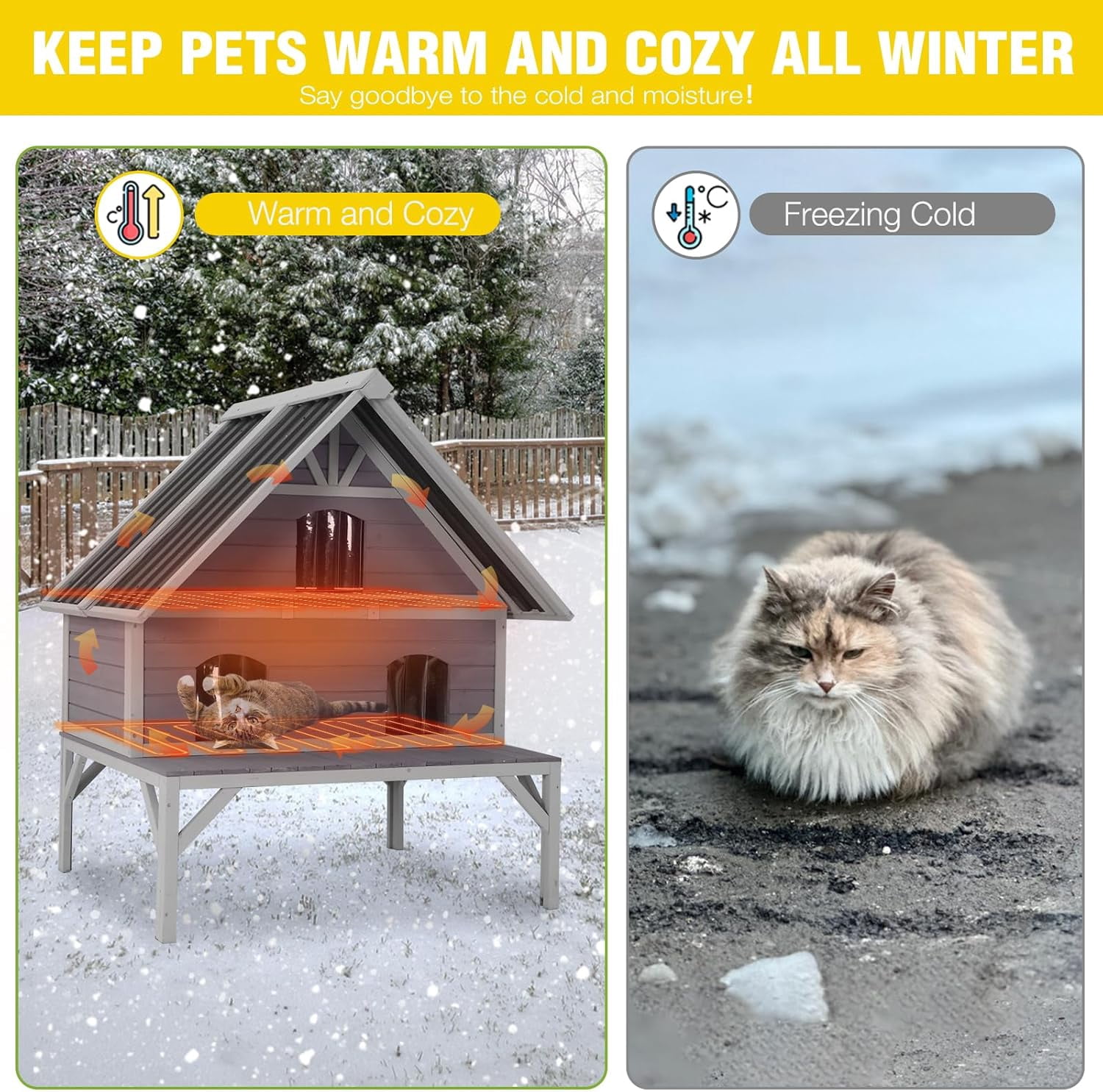 Aivituvin Heated Outdoor Cat House Insulated Cat Shelter with 2 Separate Levels, Insulated Liner, Heating Pad, Large Porch, Three Escape Doors for 2-4 Feral Cats Weatherproof