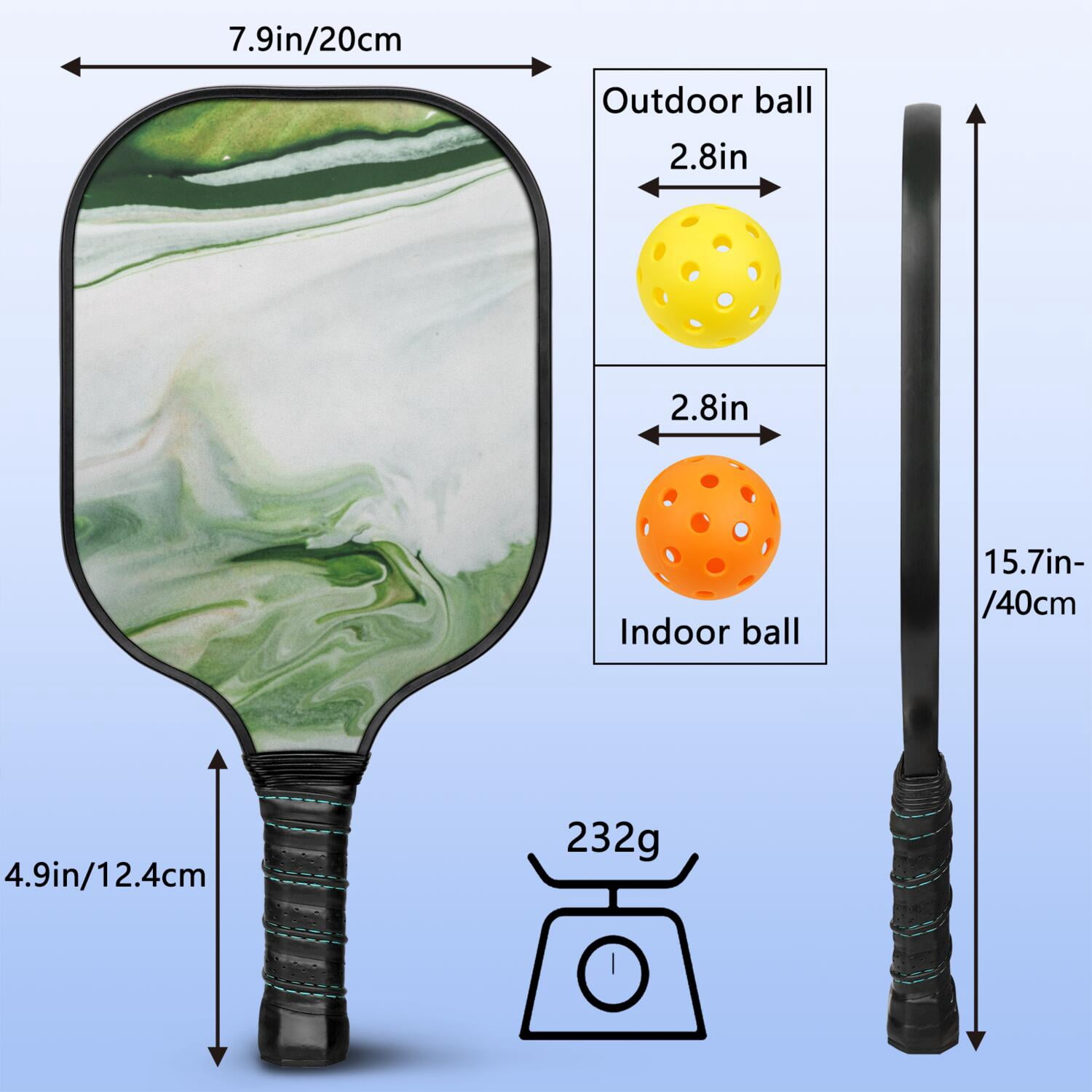 Pickleball Paddles Set Of 2, Fiberglass Surface, Turquoise Marble Pattern, 4 Balls & Bag