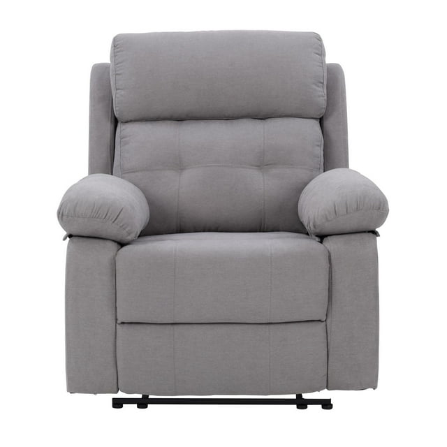 Soft gray fabric upholstered indoor manual recliner with plush armrests and high cushioned backrest.