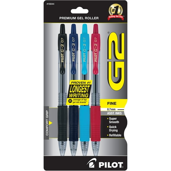 Pilot G2 Premium Gel Roller Pens, Fine Point, 0.7 mm, Clear Barrels, Assorted Ink Colors, Pack Of 4 Pens