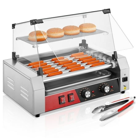 FOHERE Electric Hot Dog Roller, 18-24 Hot Hogs, 7 Roller Grill Cooker Machine Backsplash & Shelf 1050W