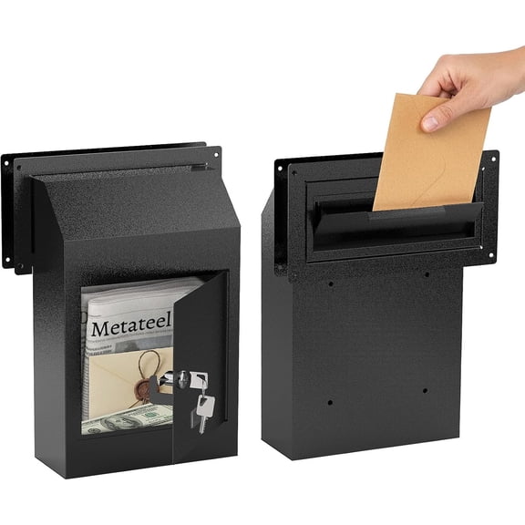 Metateel Through-The-Door Drop Box – Drop Deposit Mailbox with Slot Catcher, Heavy Duty Steel Mailbox with Lock for Secure Storage of Letters & Checks – Ideal for Home, Office, Apartment (Black)