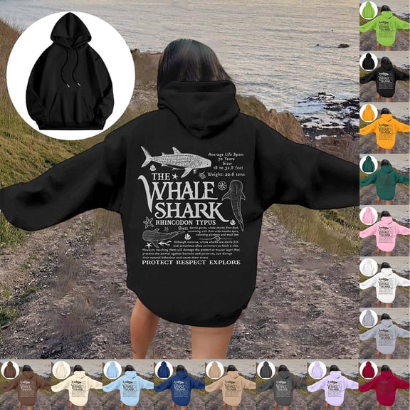 YUEHUA Cute Protect Our Oceans Hoodies for Women Ocean Whale Shark Hoodie Aesthetic Animal Graphic Sweatshirts Casual Fleece Pullover Tops