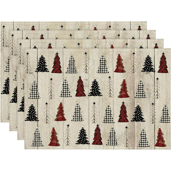 mubwai Wood Xmas Tree Merry Christmas Placemats Set of 4, 12 x 18 Inch Seasonal Winter Table Mats for Party Kitchen Dining Decoration