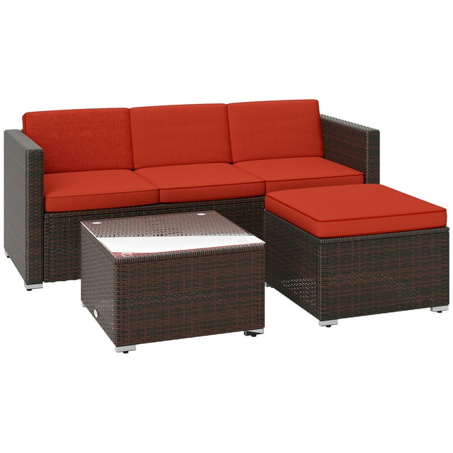 Outsunny Mobilier de Jardin en Résine Tressée avec Coussins Rembourrés, Ensembles de Canapés d'Angle, Rouge