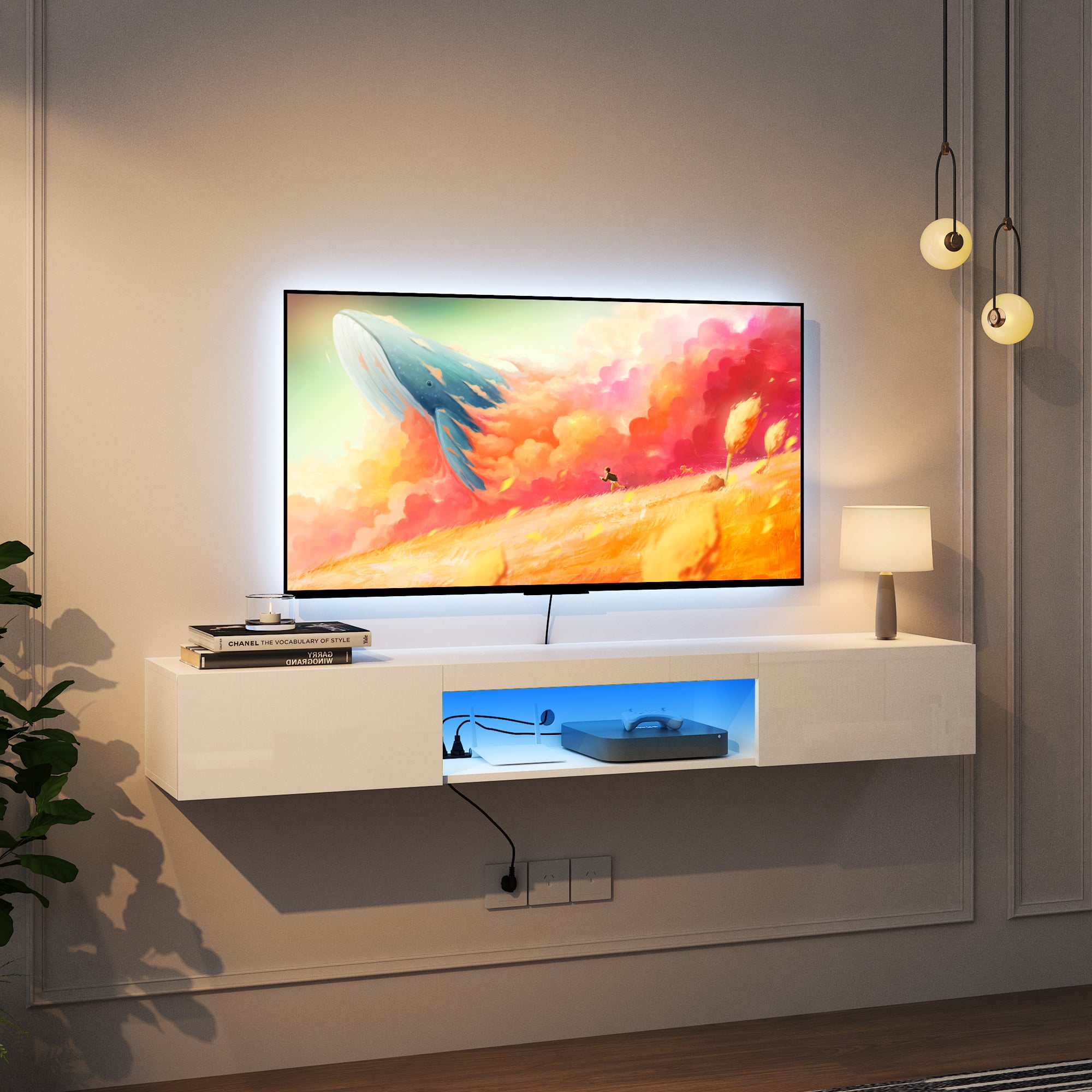 Yardi Yard Modern Living Room LED Floating Entertainment Center with Charging station for 70Inch TVs, White Yardi Yard Modern Living Room LED Floating Entertainment Center with Charging station for 70Inch TVs, White