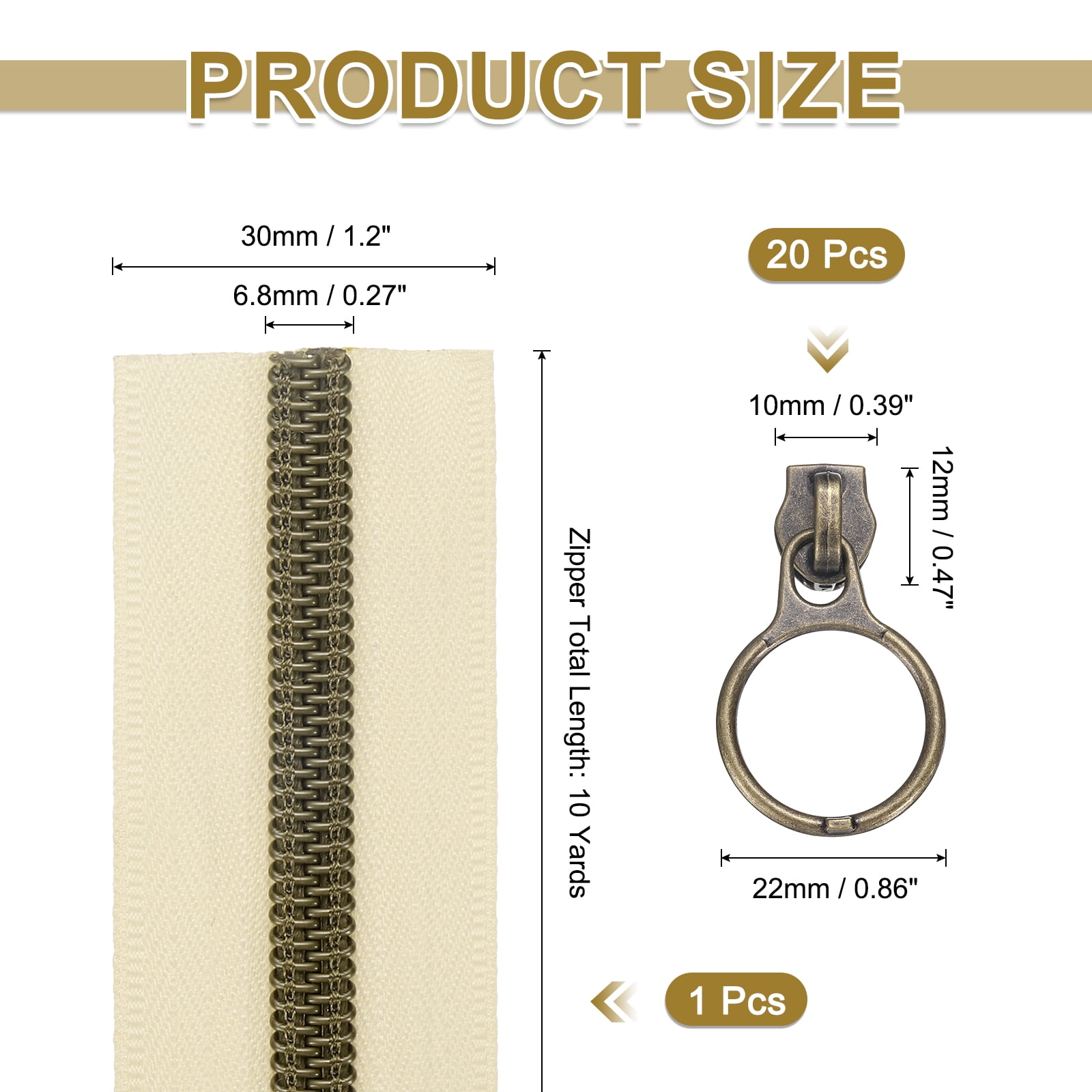 #5 10 Yards Nylon Coil Zippers, Bulk Coil Zipper by the Yards with 20pcs Vintage Brass Zippers Sliders for Diy Tailor Sewing Craft Bag Clothes, Beige
