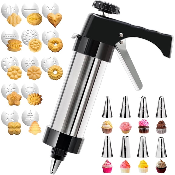 Cookie Press Gun Kit, Stainless Steel Spritz Cookie Press with 13 Discs & 8 Icing Piping Tips, Baking Cookie Maker, Icing Decorating Gun for Cookies Cakes Pastry Dessert Baking Decoration
