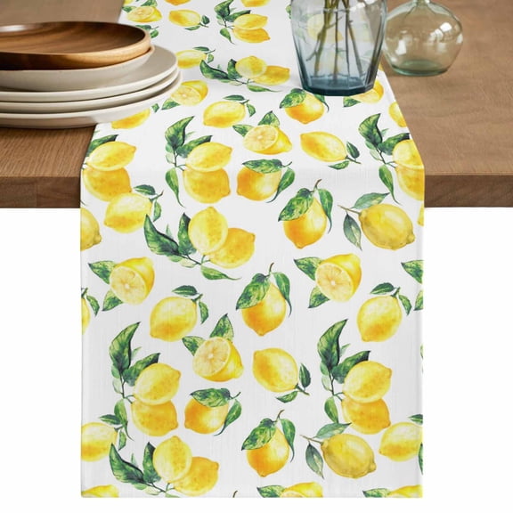 Summer Lemon Table Runner 48 Inches, Green Botanical Yellow Fruits Bed Runner Dresser Scarves Tabletop for Indoor Outdoor Parties/Ceremony/Banquet, 13" x 48"