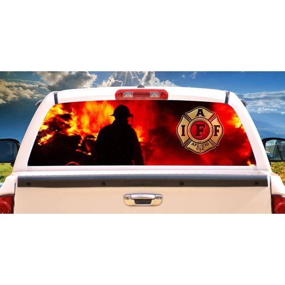 FIREFIGHTER 2 Rear Window Graphic fire man truck view thru vinyl