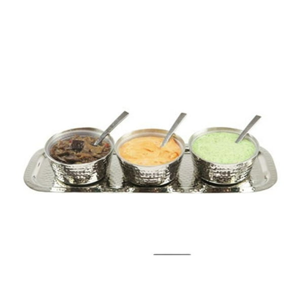 Classic Touch  2 x 6 x 17.25 in. Rectangular Hammered Tray with 3 Container Dip Bowls & Spoons