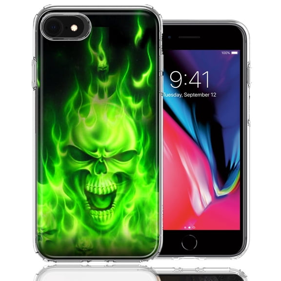 MUNDAZE For Apple iPhone 7/8/SE Green Flaming Skull Design Double Layer Phone Case Cover